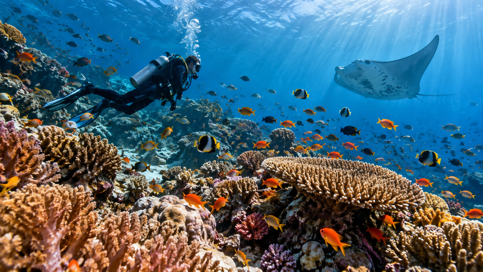Scuba Diving — Maldives: Scuba diving through the crystal-clear waters of the Maldives, surrounded by coral reefs, tropical fish and manta rays.