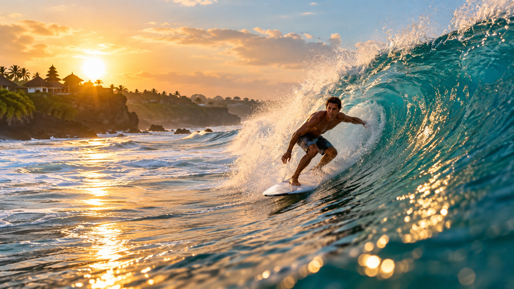 Surfing — Bali: Surfing the warm waters of Bali at sunset — one of those moments where travel, adventure and freedom come together.