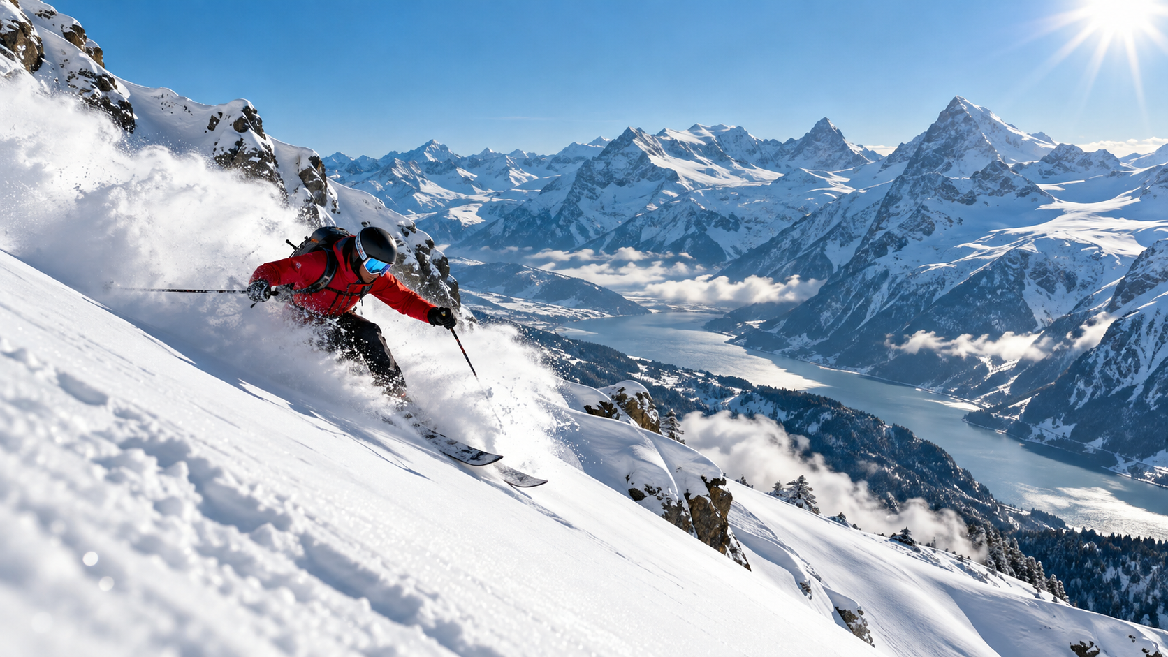 Skiing — Swiss Alps: Skiing through fresh powder high in the Swiss Alps, surrounded by some of Europe’s most spectacular mountain scenery.