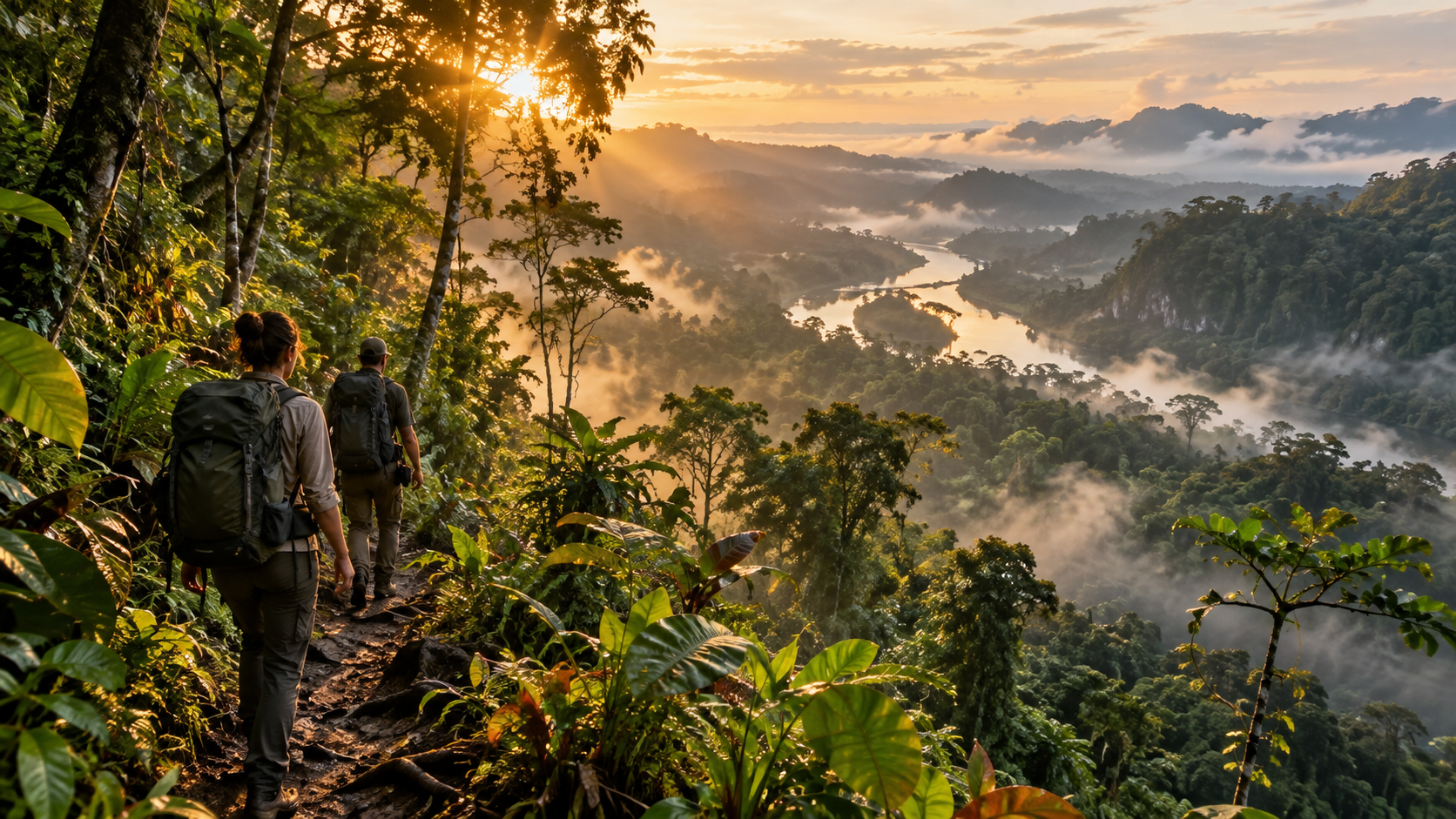 Jungle Trekking — Amazon: Trekking through the Amazon rainforest, surrounded by dense jungle, misty valleys and the feeling of exploring somewhere truly wild.